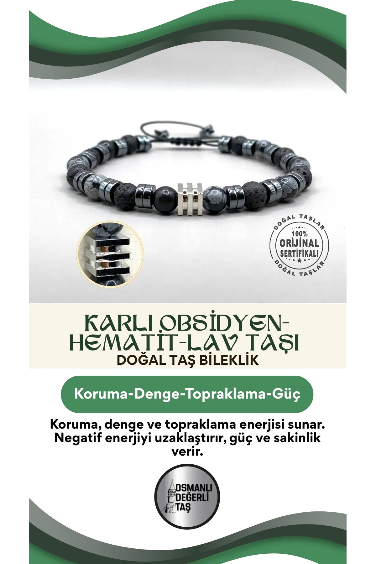 Karlı Obsidyen-Hematit-Lav Taşı Doğal Taş Erkek Bilekliği