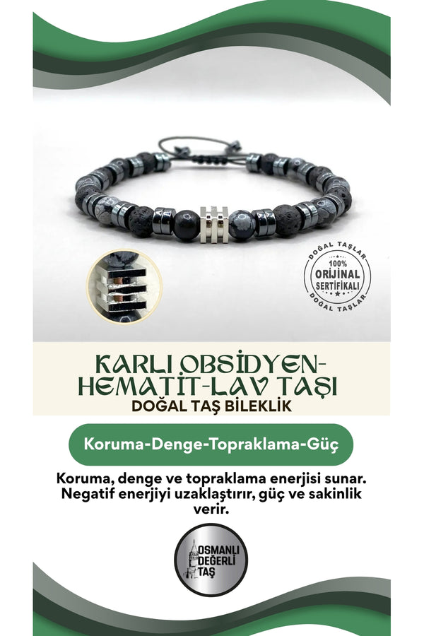 Karlı Obsidyen-Hematit-Lav Taşı Doğal Taş Erkek Bilekliği