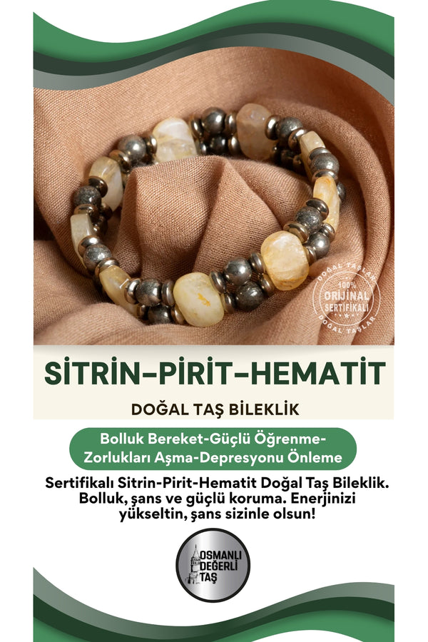 Sertifikalı sitrin - pirit - hematit doğal taş bileklik