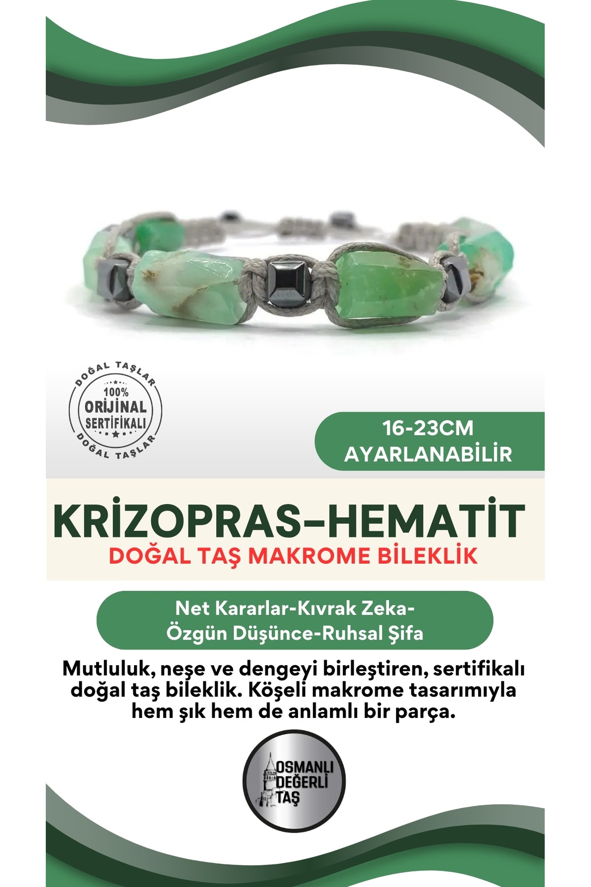 Sertifikalı Hakiki Orijinal Krizopras - Hematit  Doğal Taş İpli Bileklik (Köşeli Makrome Model)