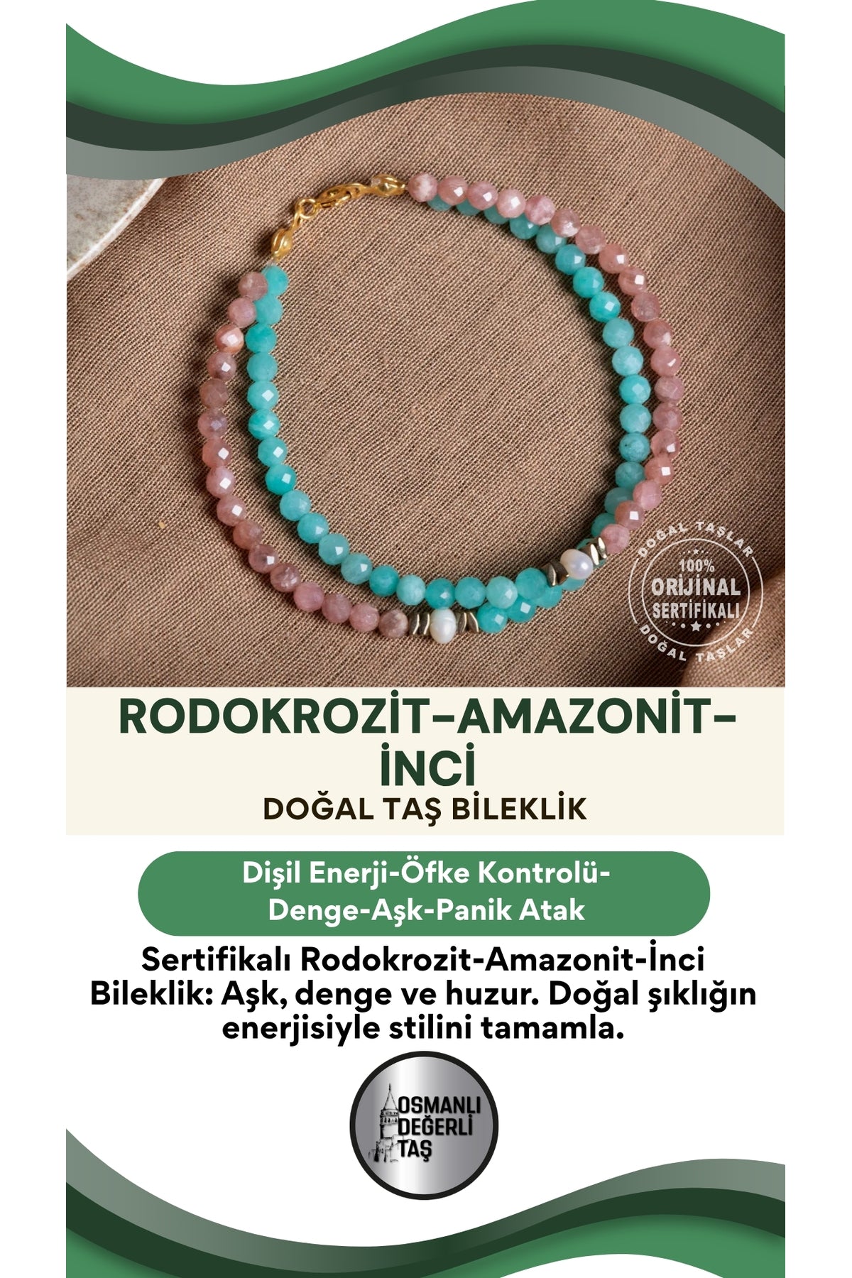 SERTİFİKALI Rodokrozit-Amazonit-İnci Doğal Taş Bileklik