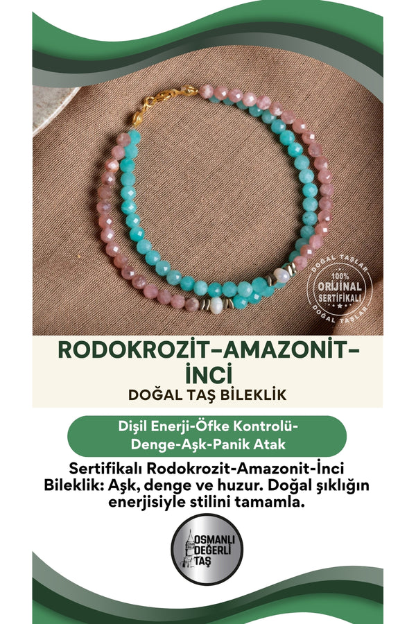 SERTİFİKALI Rodokrozit-Amazonit-İnci Doğal Taş Bileklik