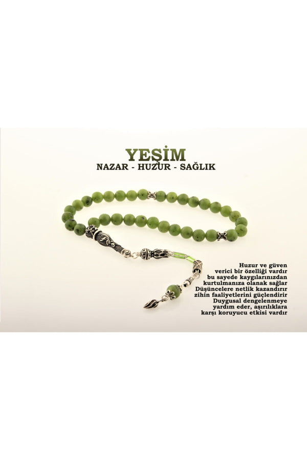Sertifikalı Yeşim Doğal Taş Tesbih (gümüş Imame Gümüş Püskül