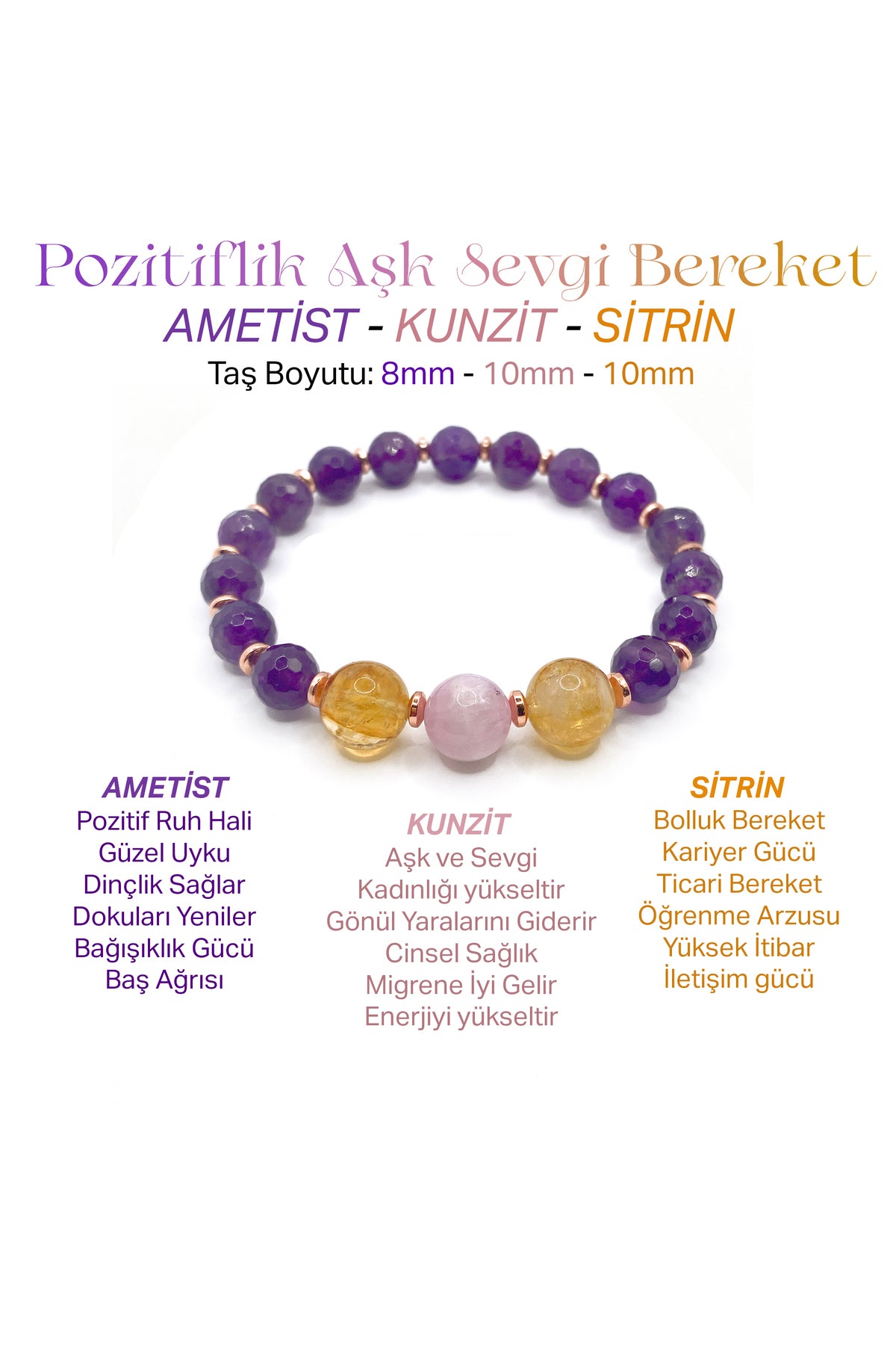 Sertifikalı Hakiki Orijinal 10mm Sitrin - Kunzit - 8mm Ametist - Hematit Doğal Taş Misinalı Bileklik