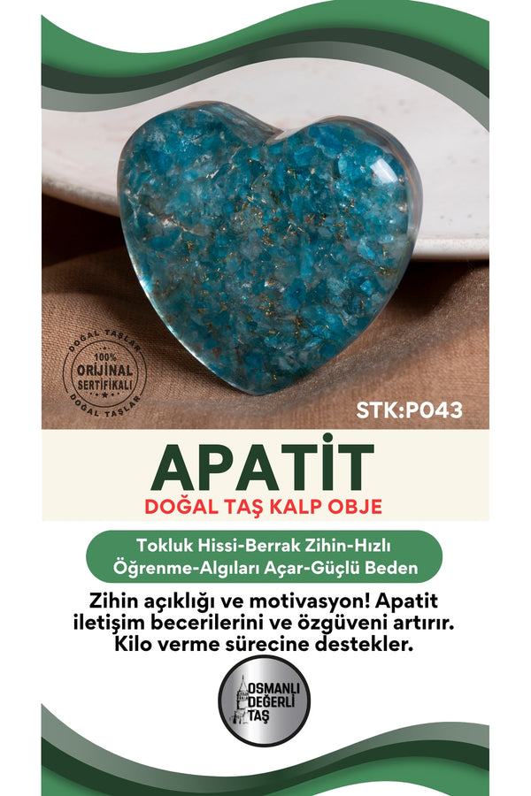 Sertifikalı Apatit Doğal Taş Kalp Obje P043