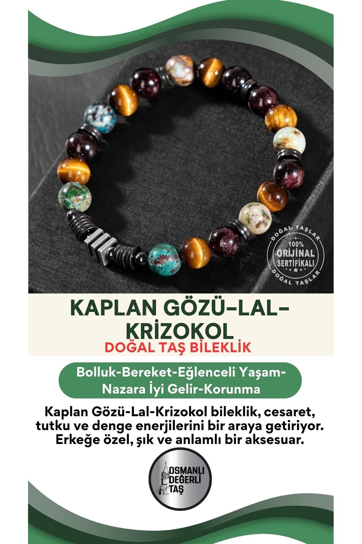 Kaplan Gözü-bordo Granat Lal-krizokol Doğal Taş Erkek Bileklik