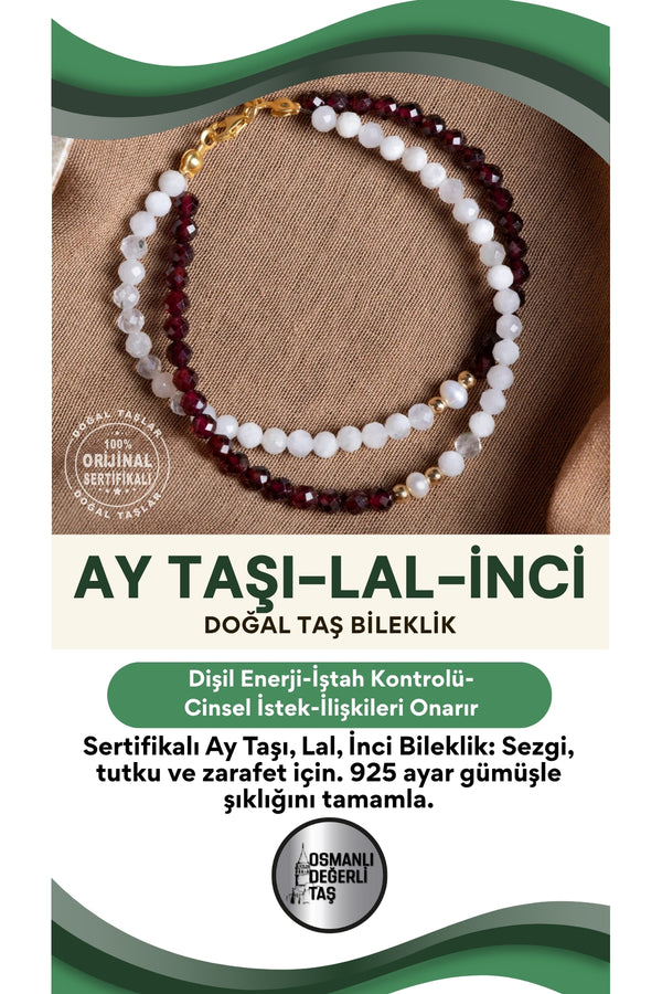 SERTİFİKALI Ay Taşı Lal İnci Doğal Taş Bileklik 925 Ayar Gümüş Aparatlı