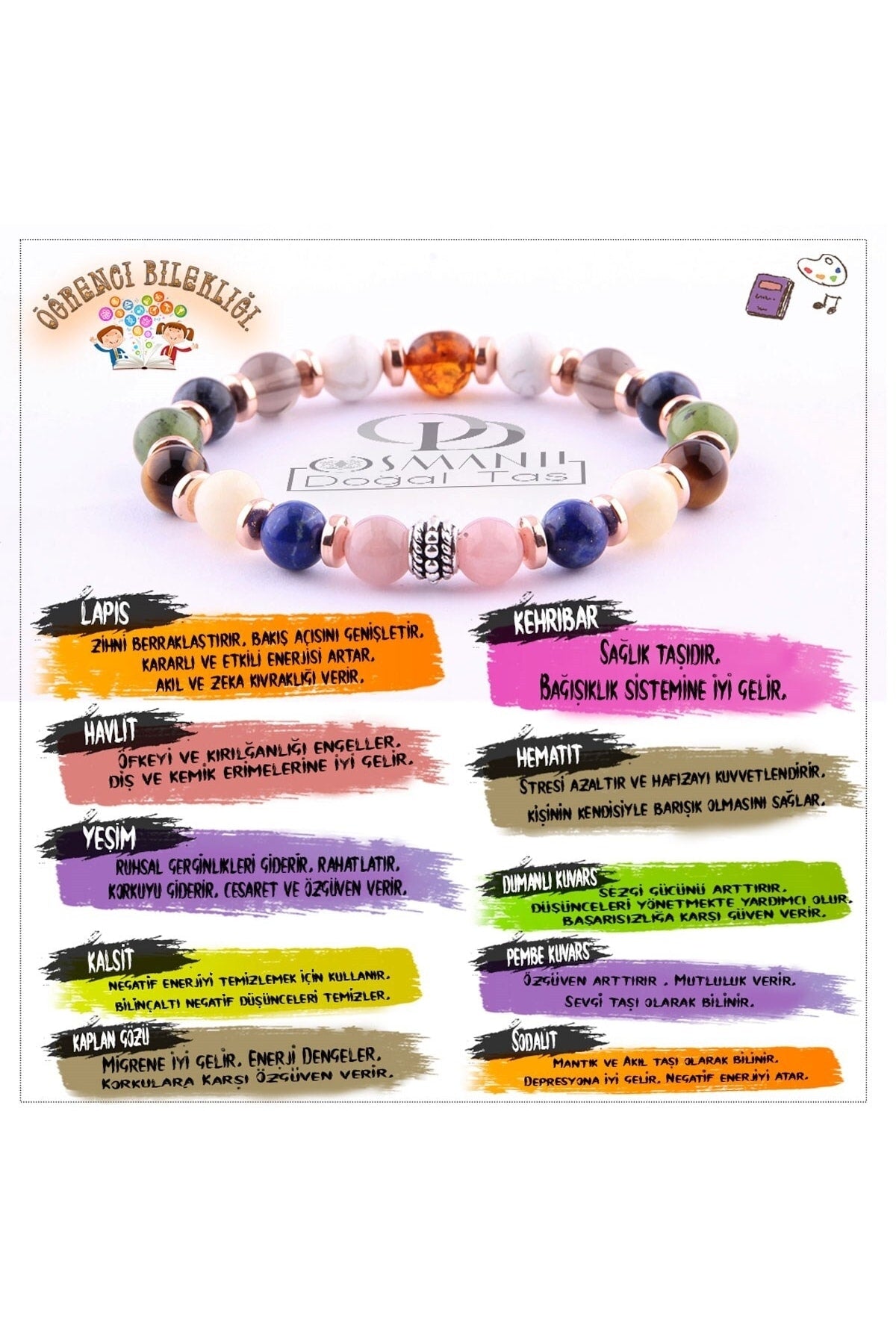 Sertifikalı Öğrenci Bilekliği-kehribar-yeşim-lapis-kalsit-dumanlı Kuvars-havlit-hematit-8 Mm B178