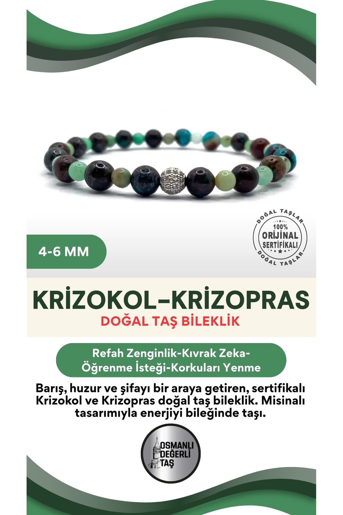 Sertifikalı Hakiki orijinal Krizokol Krizopras Doğal Taş Misinalı Bileklik 4mm 6mm