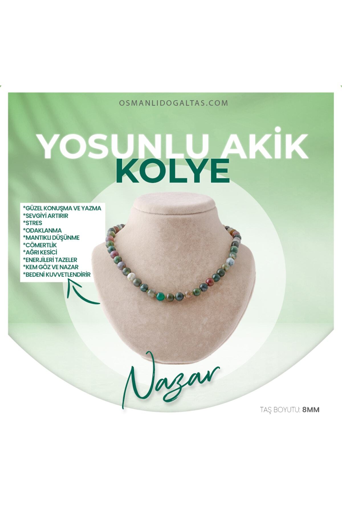 Sertifikalı Yosunlu Akik Doğaltaş Kolye 8 Mm, M555