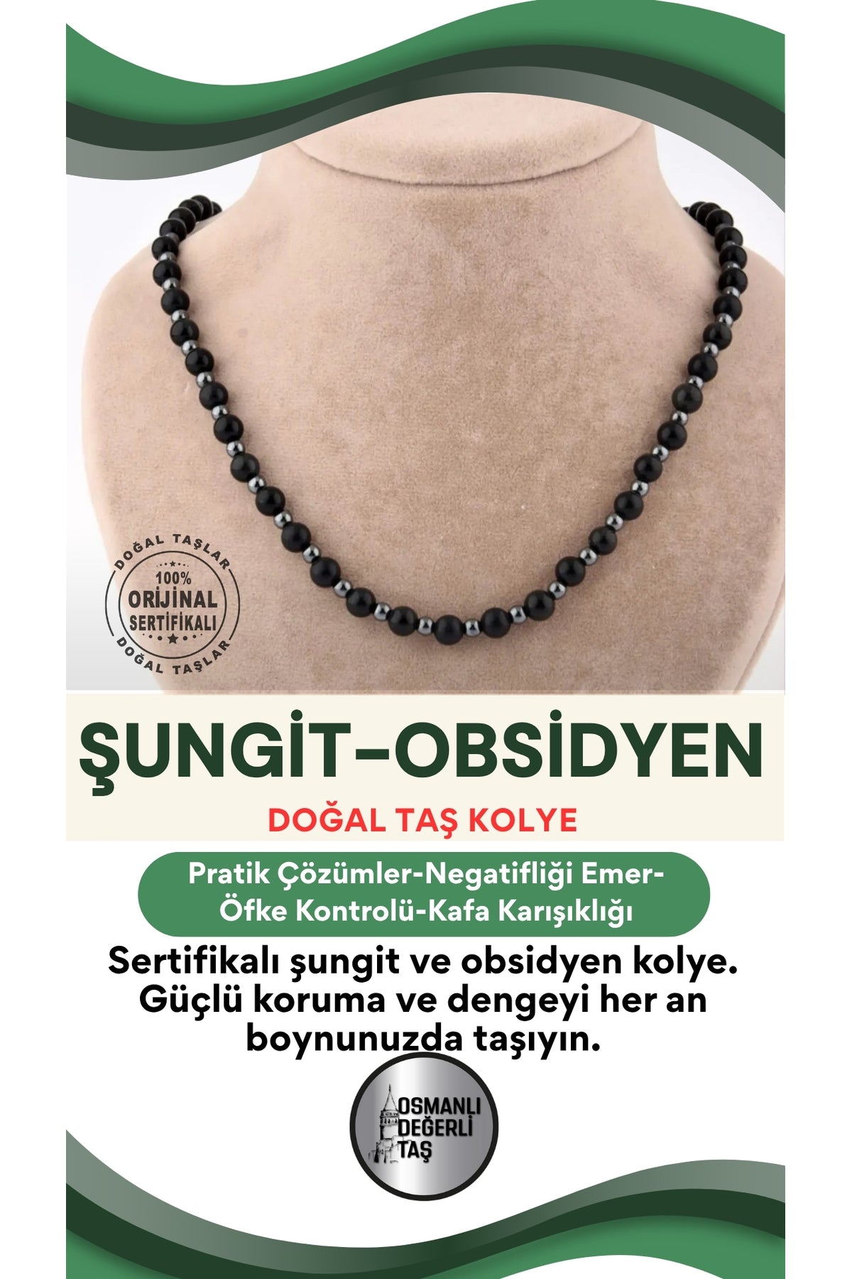 Sertifikalı Shungite Obsidyen Doğal Taş Kolye