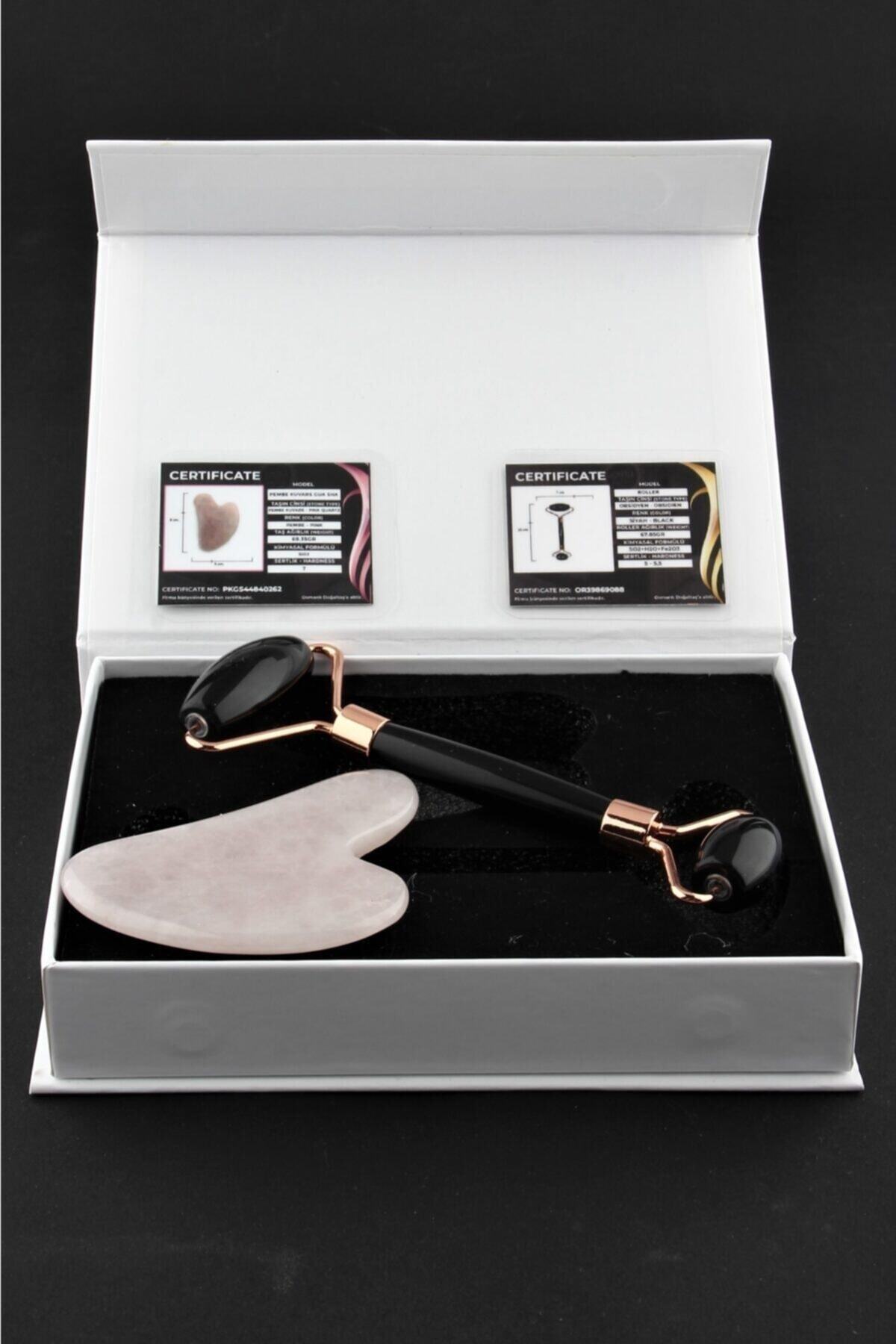 Sertifikalı Obsidyen Masaj Taşı Roller Ve Pembe Kuvars Gua Sha Kalp Tasarımlı Set