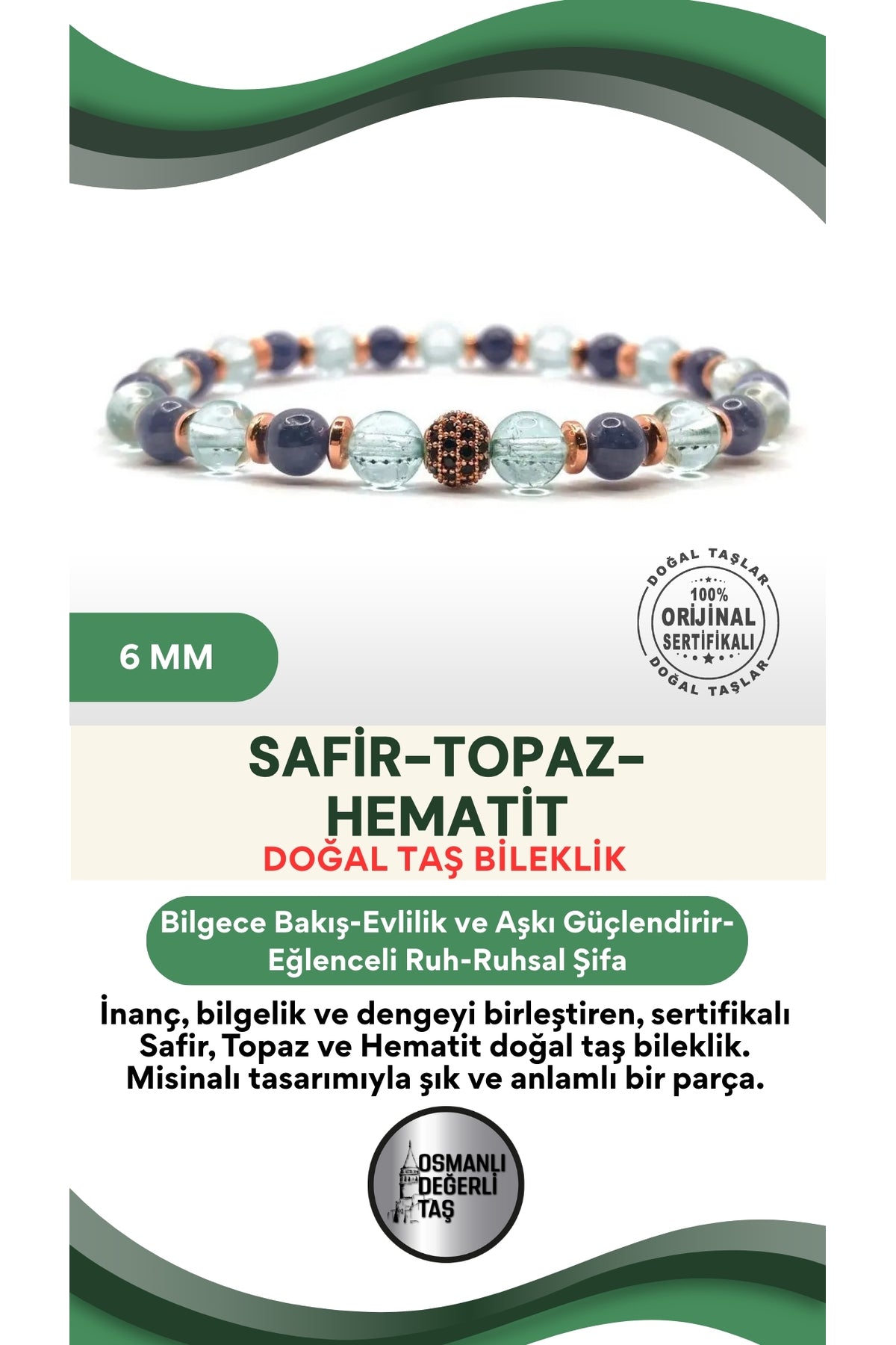 Sertifikalı Hakiki Orijinal 6mm Safir - Topaz - Hematit Doğal Taş Misinalı Bileklik
