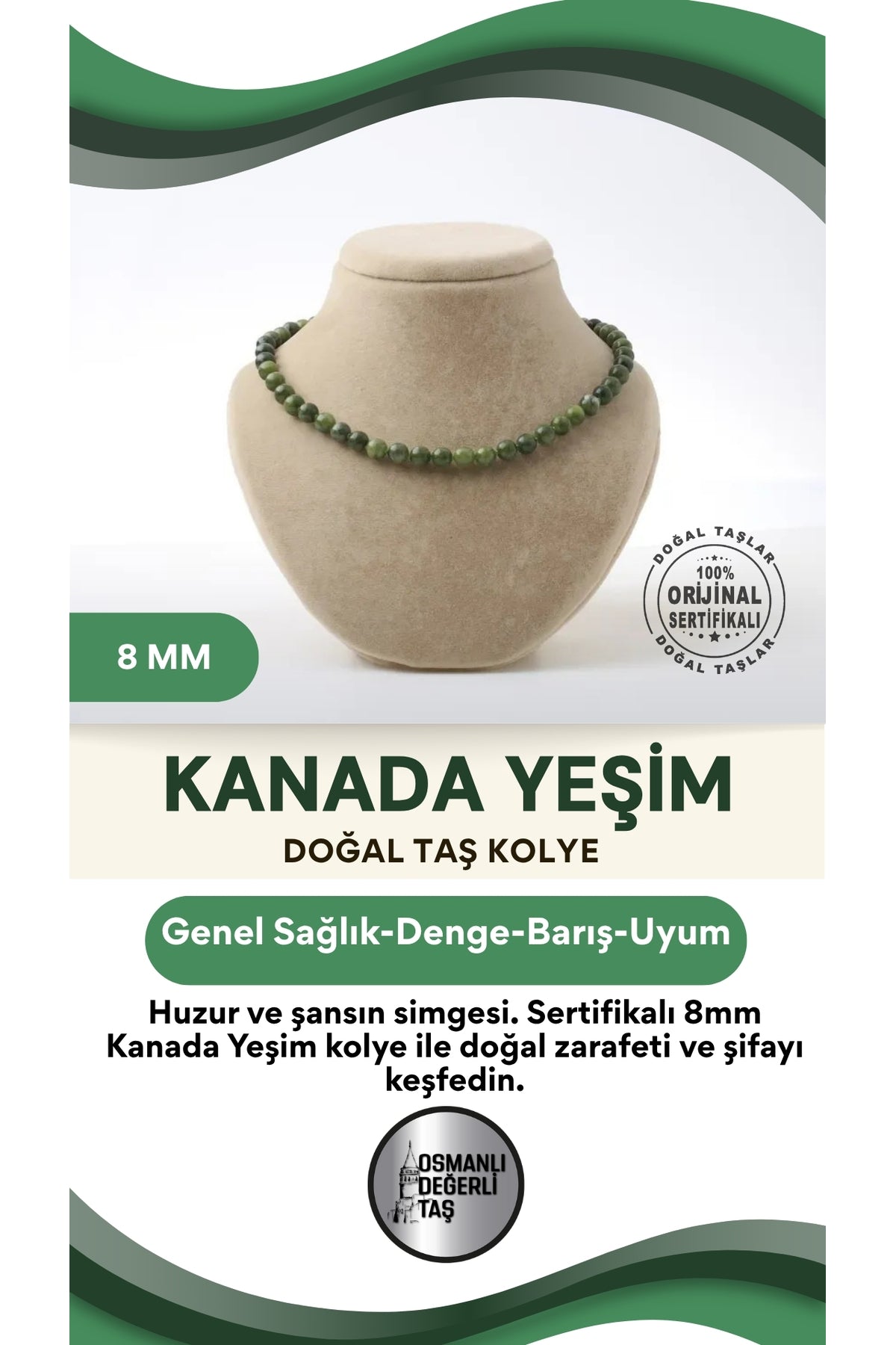 Sertifikalı Kanada Yeşim Doğaltaş Kolye 8 Mm, M554