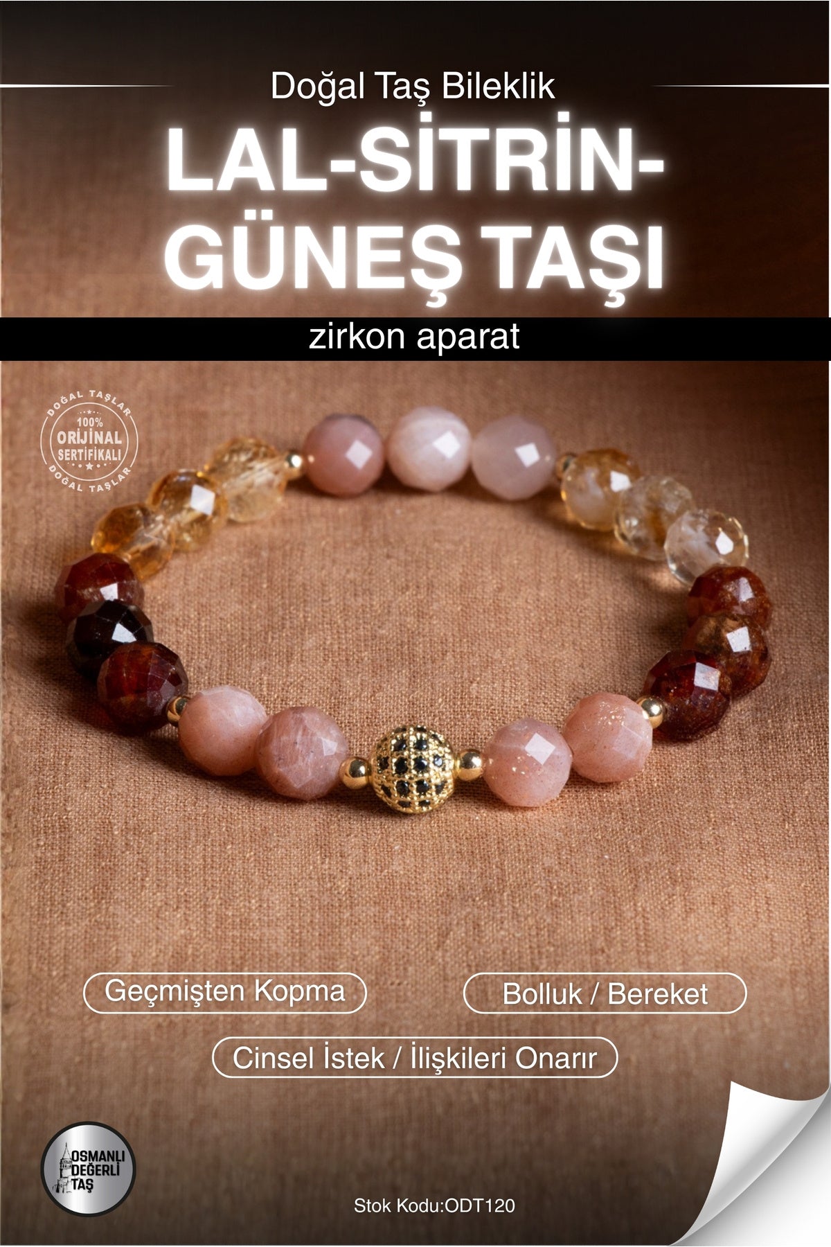 Sertifikalı LAL-SİTRİN-GÜNEŞ TAŞI Doğal Taş Zirkon Aparat Bileklik ODT120