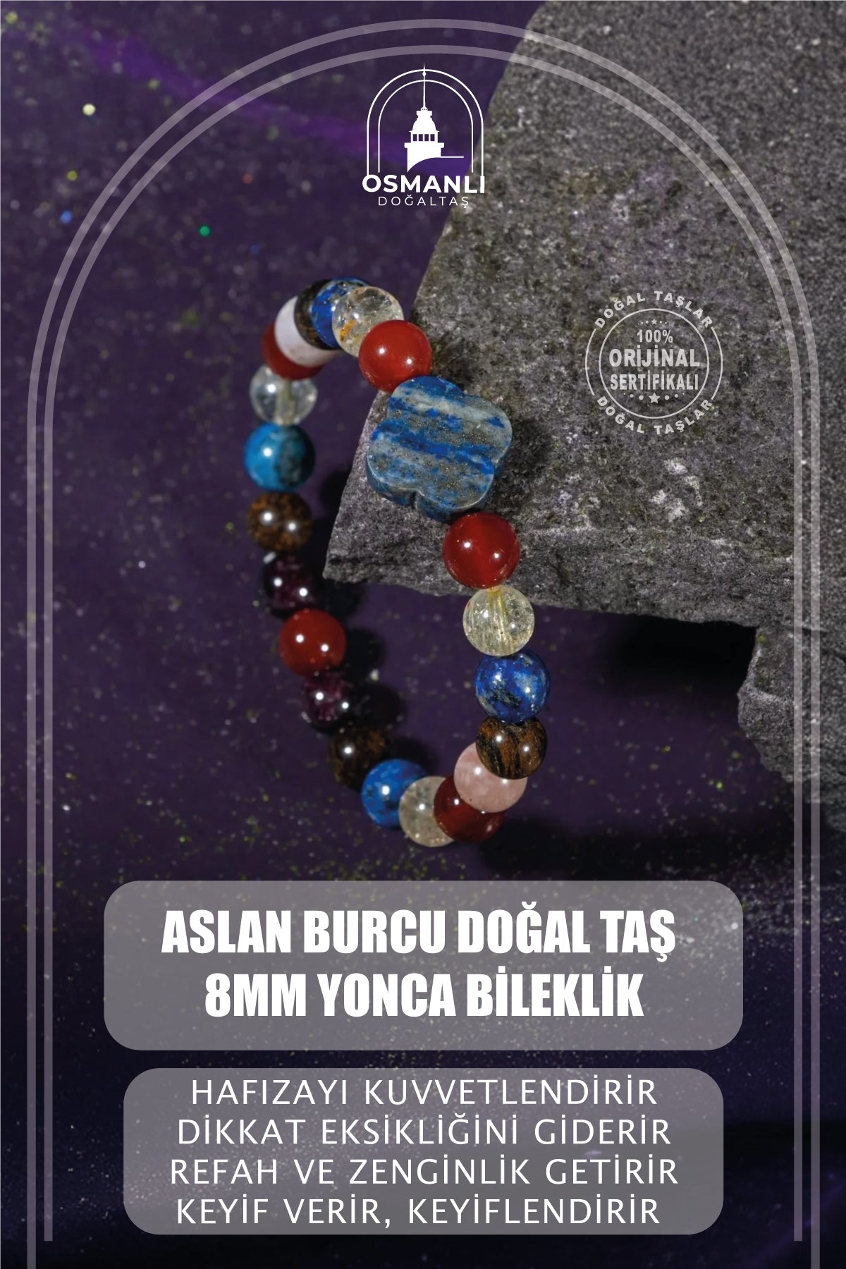 Aslan Burcu Doğal Taş 8mm Yonca Bileklik
