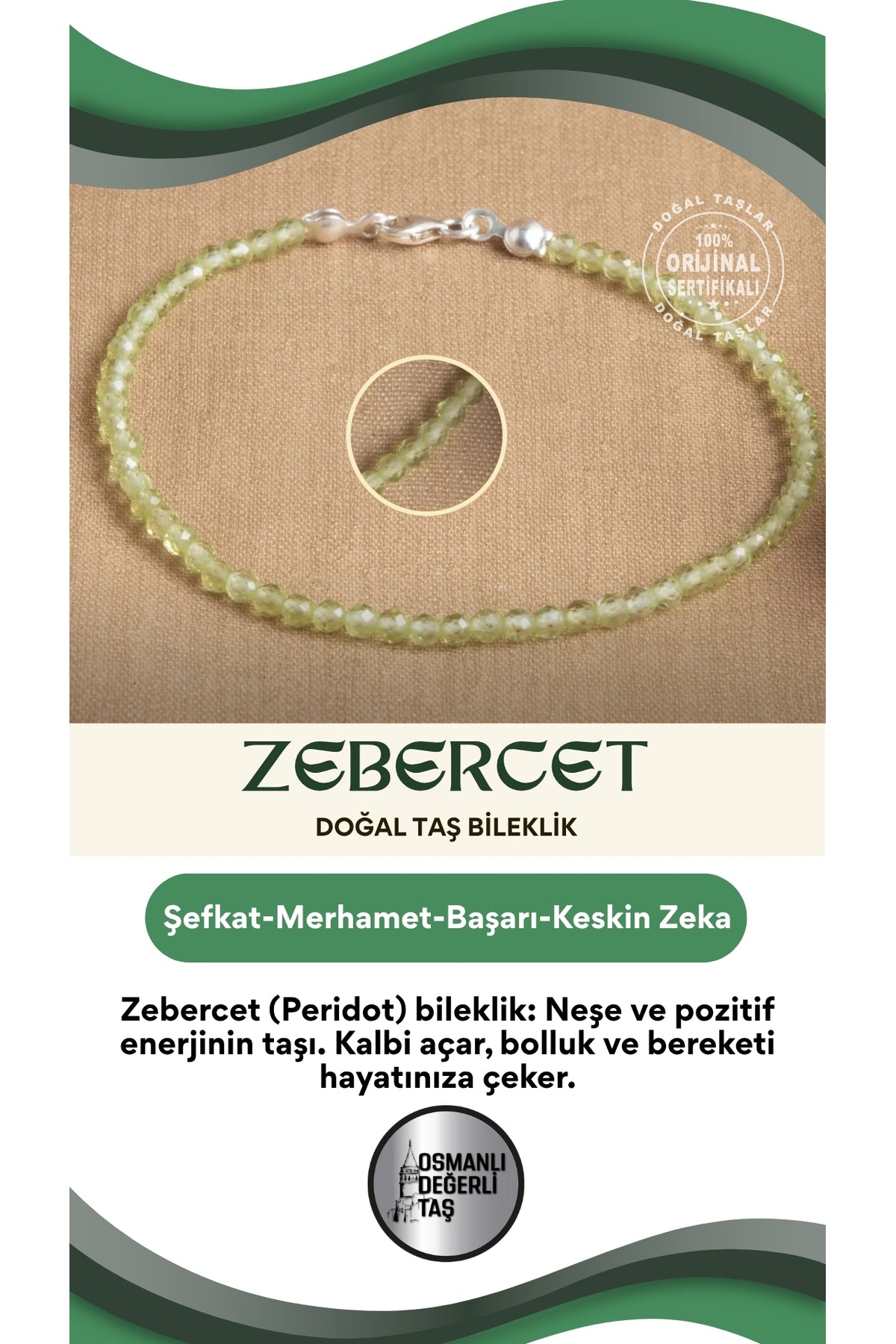 Sertifikalı Zebercet Doğal Taş Bileklik