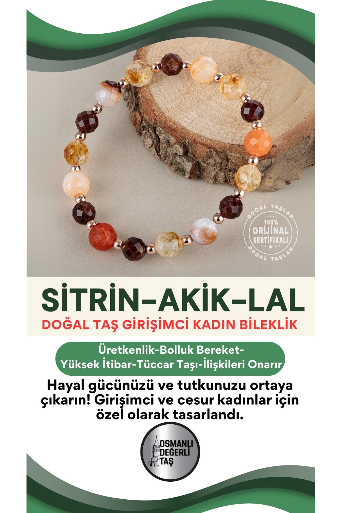 Girişimci Cesaretli Kadın Bilekliği Sitrin Akik Lal Doğal Taşlı