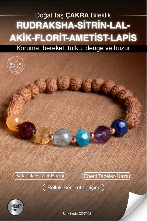 Sertifikalı RUDRAKSHA-SİTRİN-LAL-AKİK-FLORİT-AMETİST-LAPİS Doğal Taş Bileklik ODT098