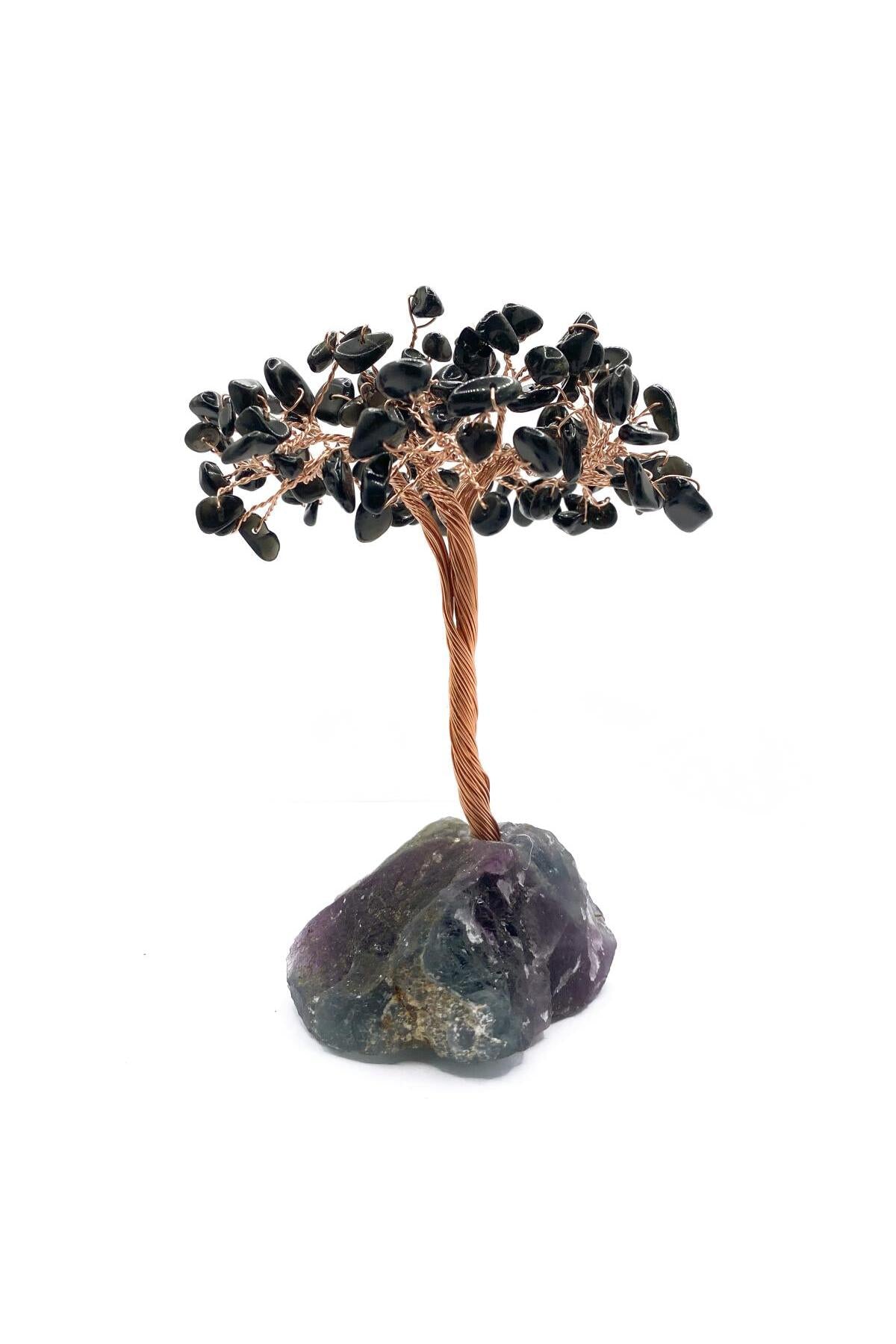 Sertifikalı Hakiki Orijinal Doğal Taş Obsidyen Ağaç - Alt Kısmı Mor Florit