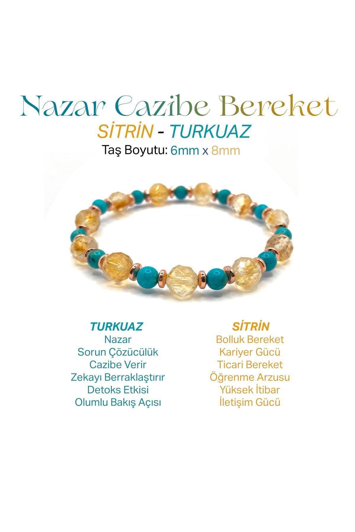Sertifikalı Hakiki Orijinal 8mm Sitrin - 6mm Turkuaz (Firuze) - Hematit Doğal Taş Misinalı Bileklik
