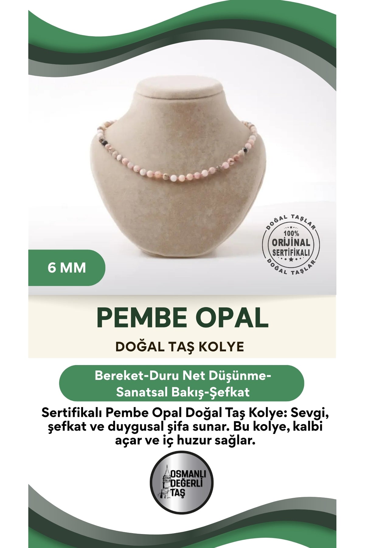 Sertifikalı Pembe Opal Doğaltaş Kolye 6 Mm, M585