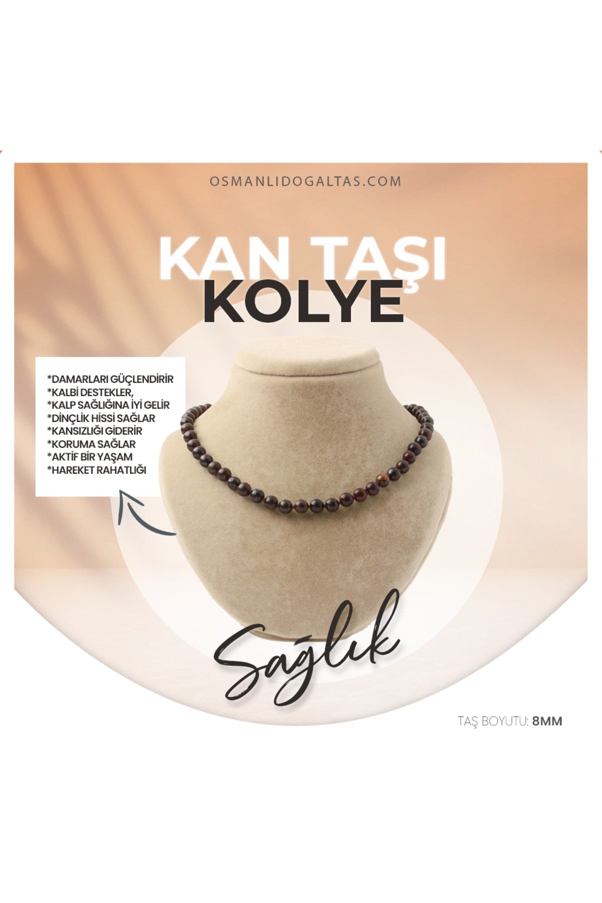 Sertifikalı Kan Taşı Doğaltaş Kolye 8 Mm, M523