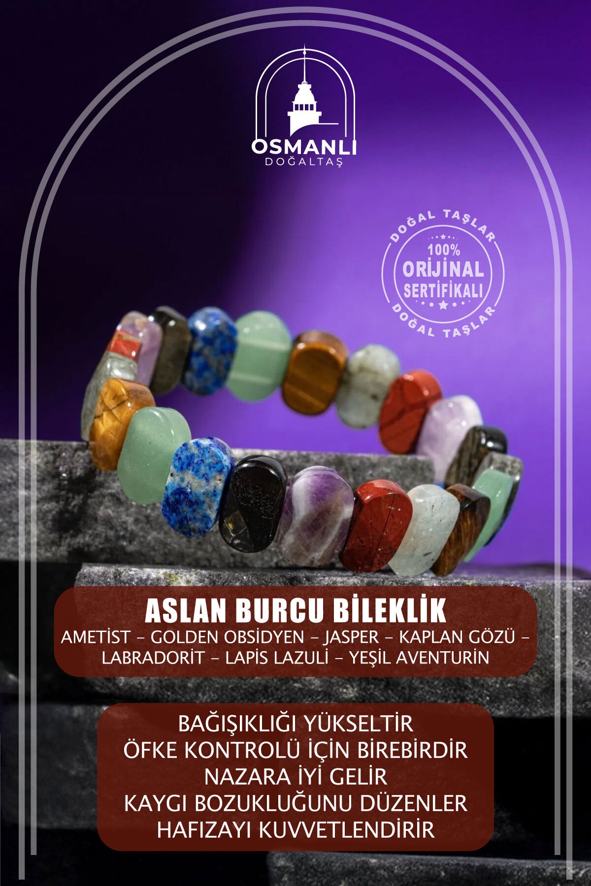 Aslan Burcu Doğal Taş Geniş Kesim Bileklik