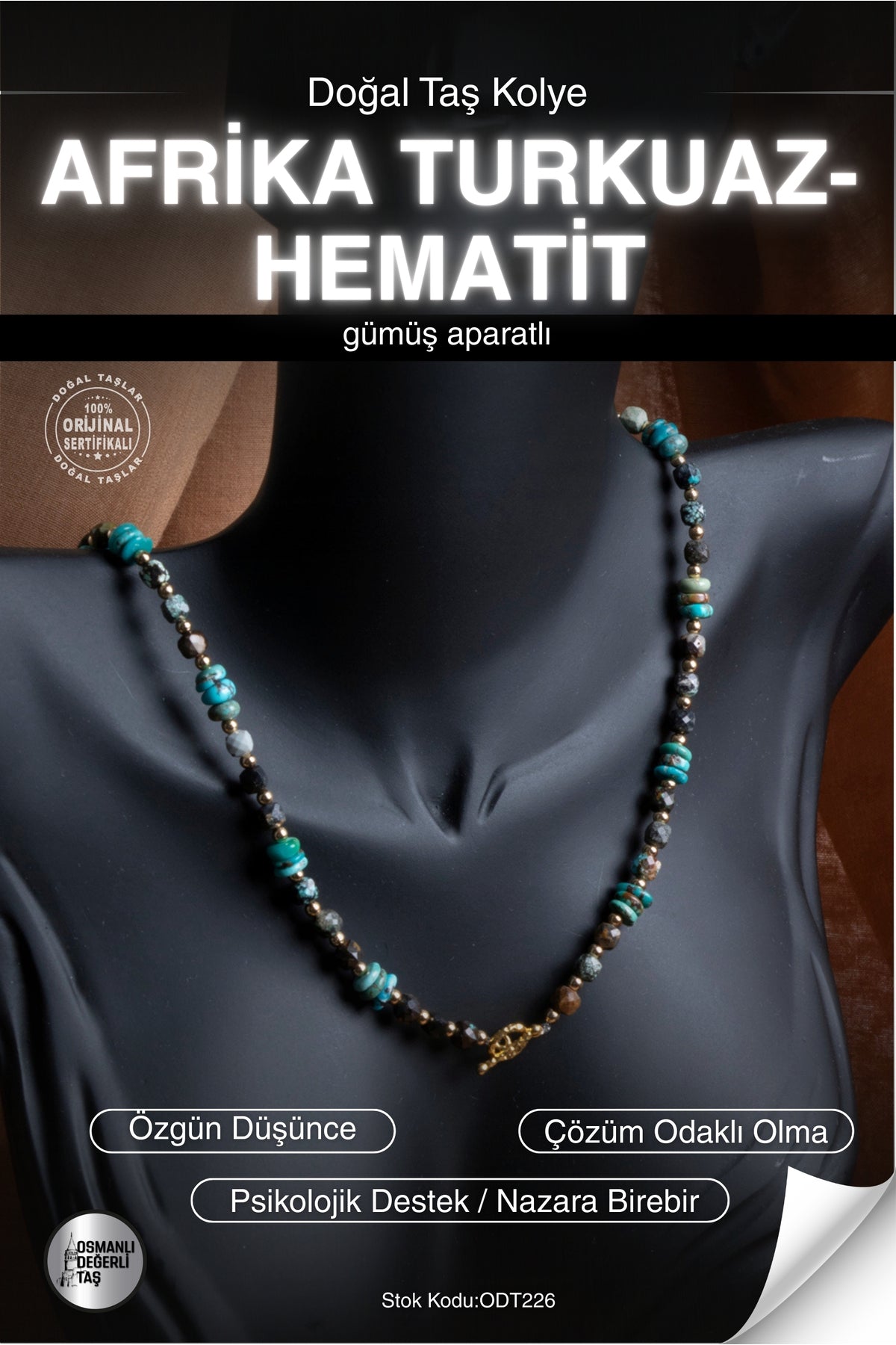 SERTİFİKALI Afrika Turkuaz-Hematit Doğal Taş Gümüş Aparatlı Kolye ODT226