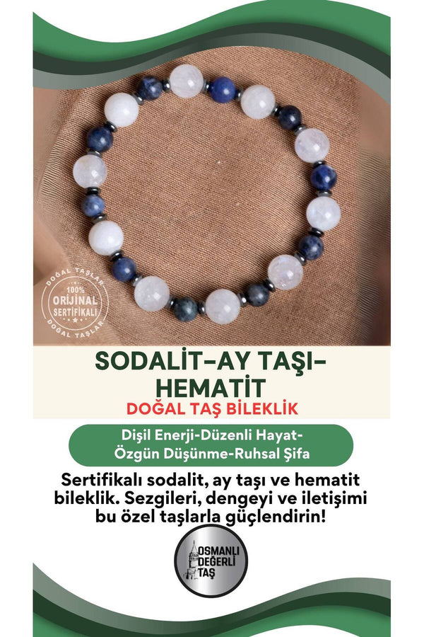 SERTİFİKALI Sodalit-Ay Taşı-Hematit Doğal Taş Bileklik
