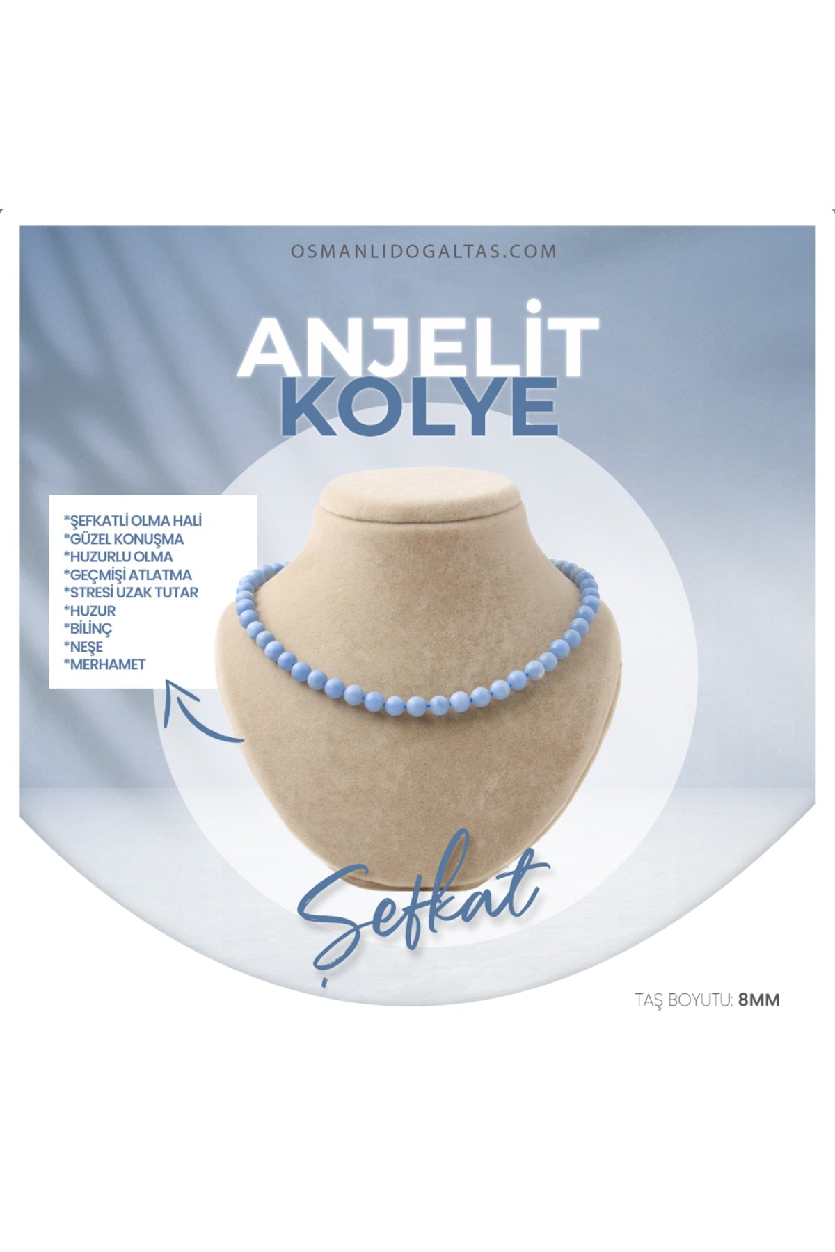 Sertifikalı Anjelit Doğaltaş Kolye 8 Mm, M506
