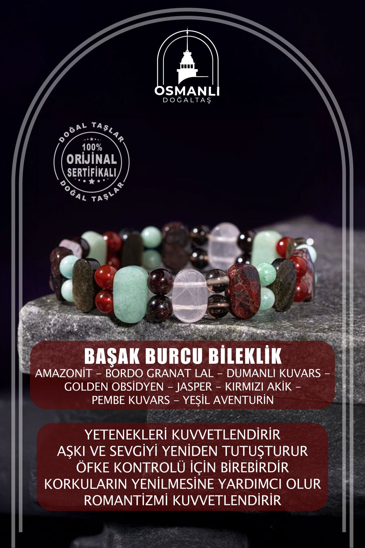 Başak Burcu Doğal Taş Geniş Kesim El Yapımı Bileklik