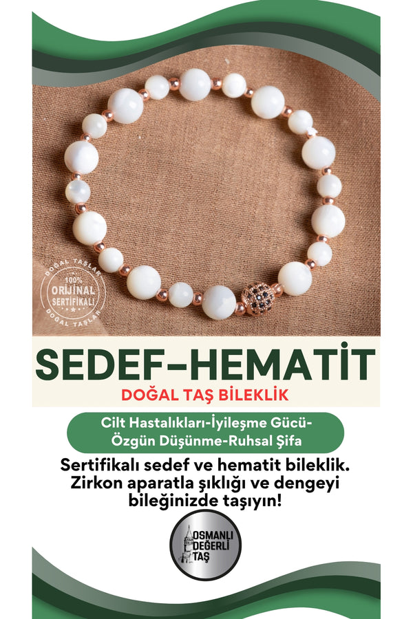 SERTİFİKALI Sedef - Hematit Doğal Taş Zirkon Aparatlı Bileklik 6-8 mm