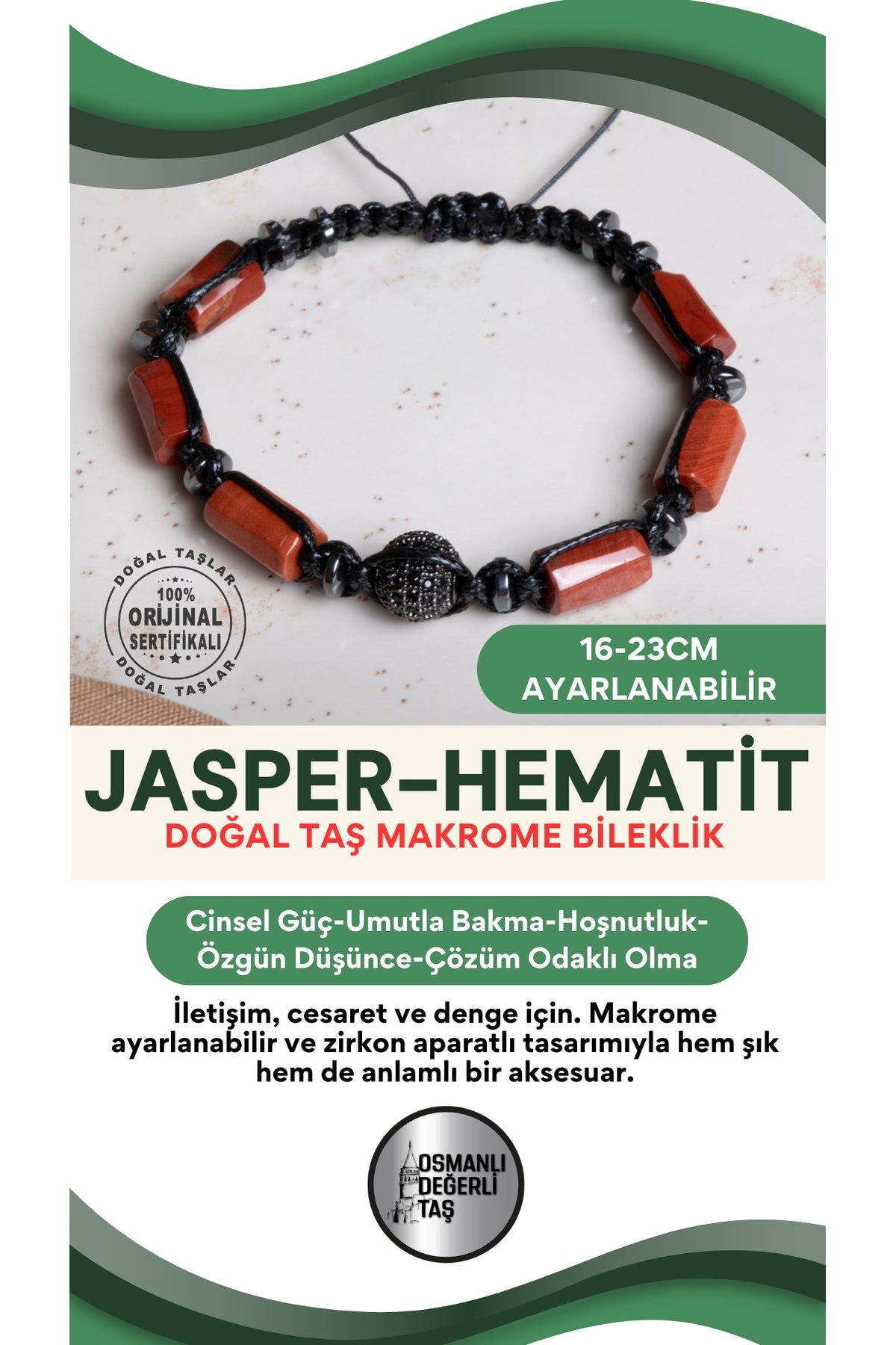 SERTİFİKALI Jasper-Hematit Doğal Taş Makrome Ayarlanabilir Zirkon Aparatlı Bileklik
