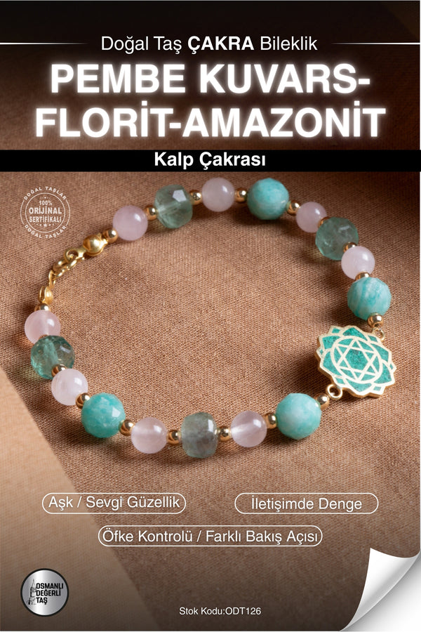 Sertifikalı PEMBE KUVARS-FLORİT-AMAZONİT Doğal Taş Altın Kaplama Kalp Çakra Bileklik ODT126