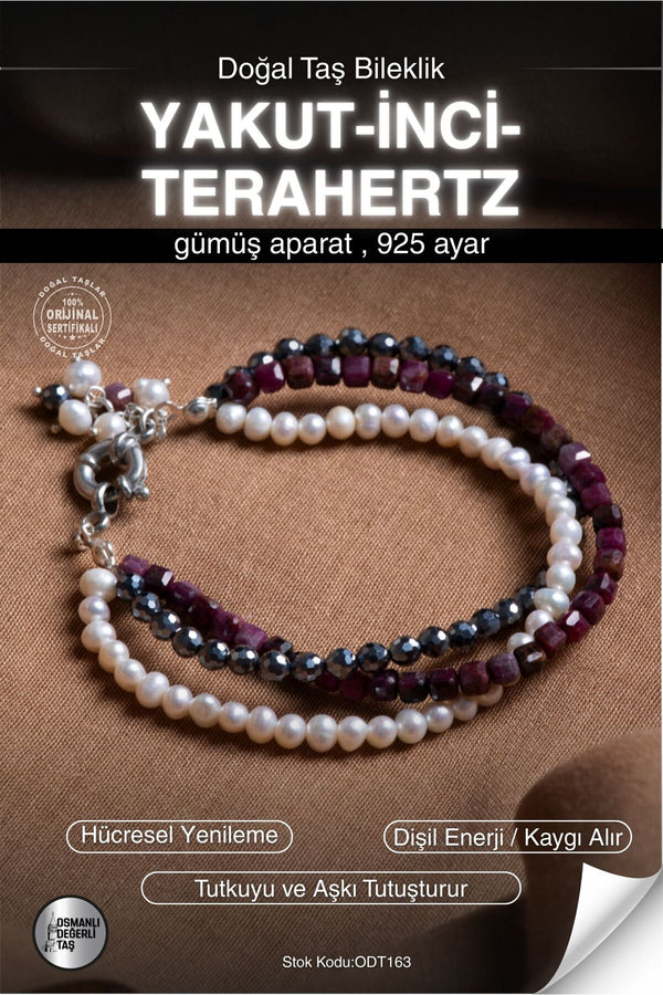 SERTİFİKALI Yakut-İnci-Terahertz Doğal Taş Gümüş Aparatlı Bileklik ODT163