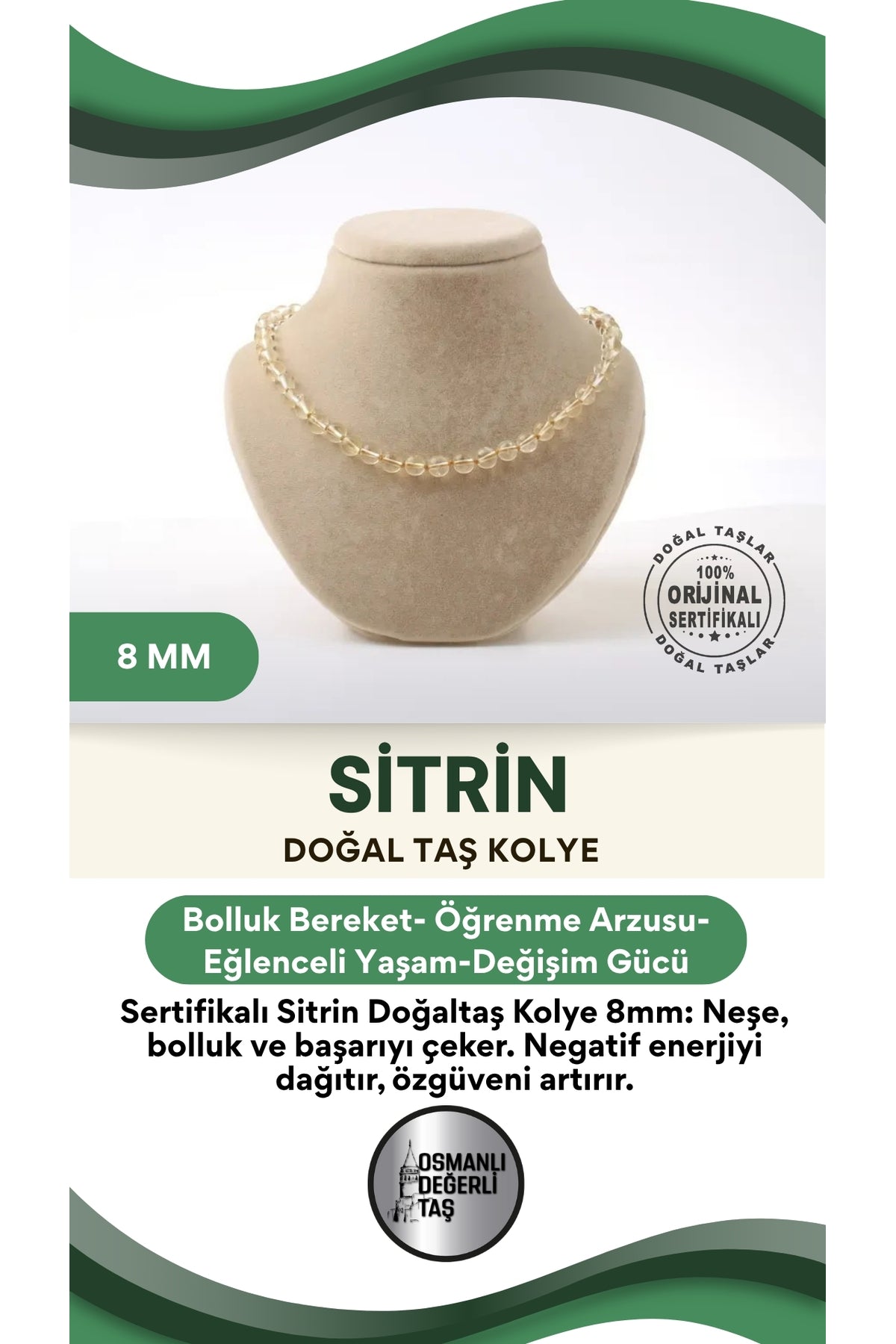 Sertifikalı Sitrin Doğaltaş Kolye 8 mm M546