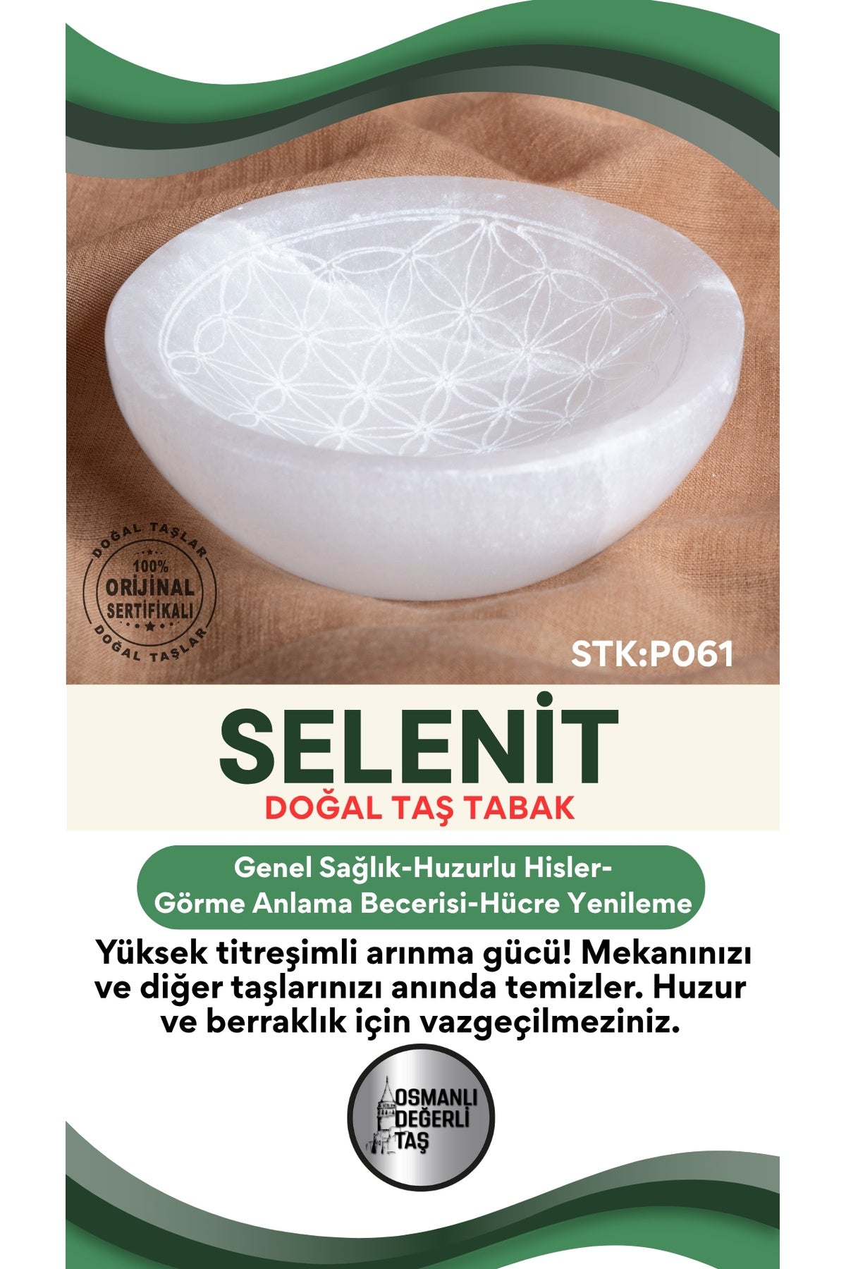 Sertifikalı Selenit İşlemeli Doğal Taş Tabak P061