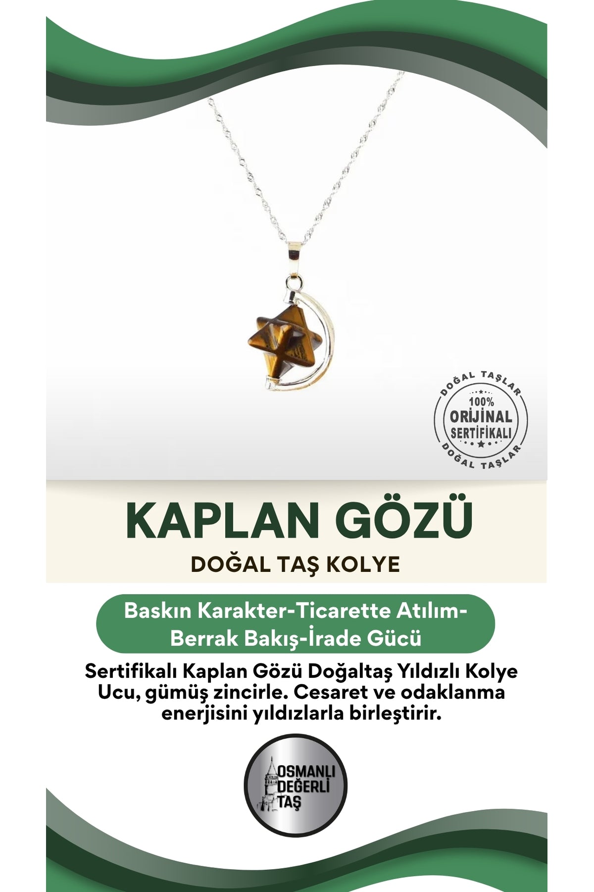 Sertifikalı Kaplan Gözü Doğaltaş Yıldızlı Kolye Ucu, Gümüş Zincirle Birlikte Ku023
