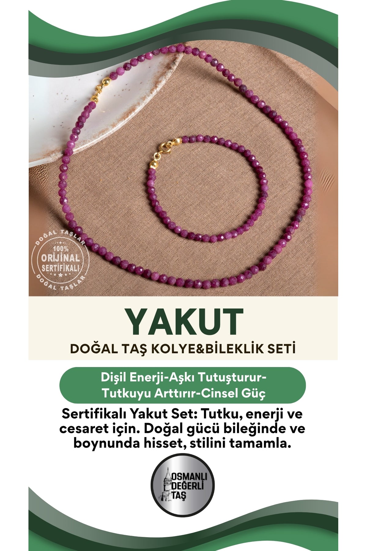 SERTİFİKALI Yakut Doğal Taş Bileklik (18cm) Ve Kolye (45cm )Seti
