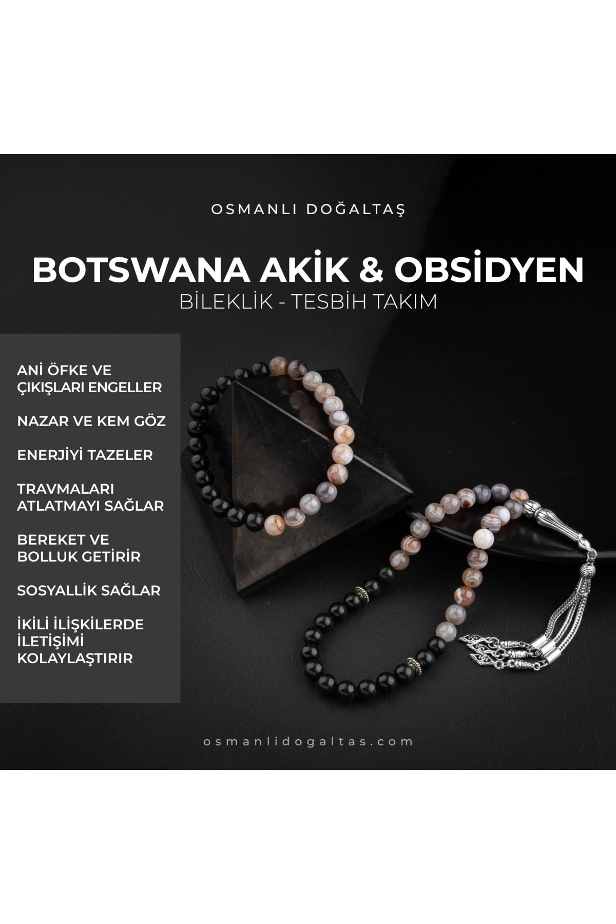 Sertifikalı Botswana Akik, Obsidyen Doğal Taşlı 33'lük Tesbih Ve Bileklik Takım
