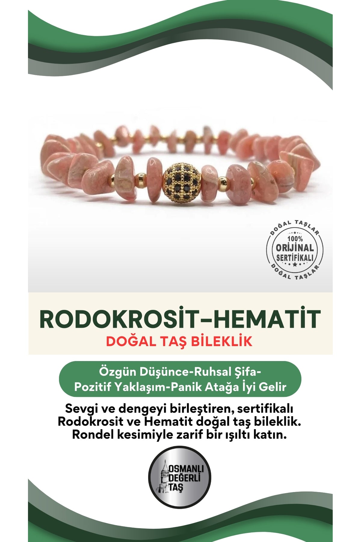 Sertifikalı Hakiki Orijinal Rodokrosit Rondel Kesim - Hematit Doğal Taş Misinalı Bileklik
