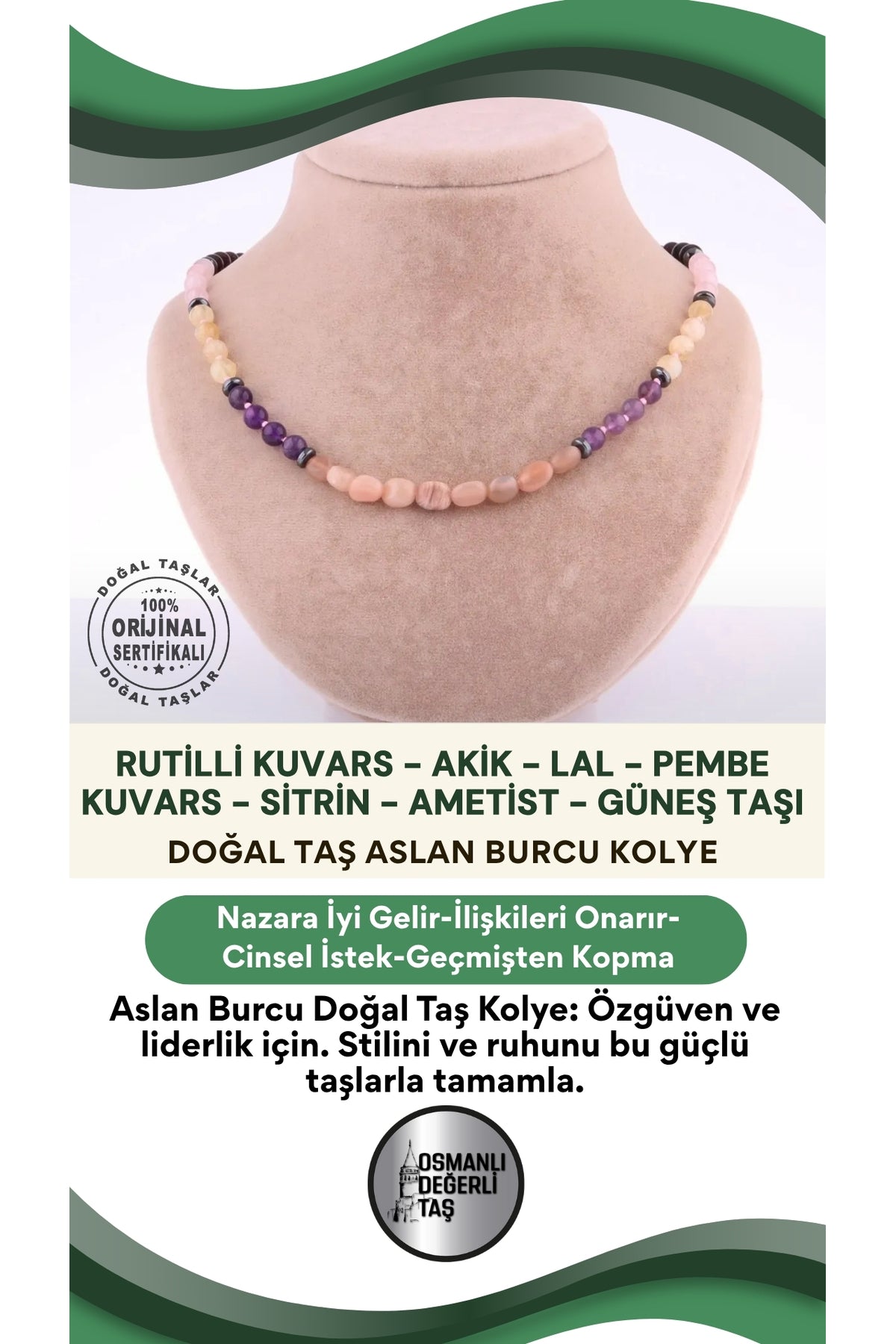 Sertifikalı Aslan Burcu Doğal Taş Kolye M042