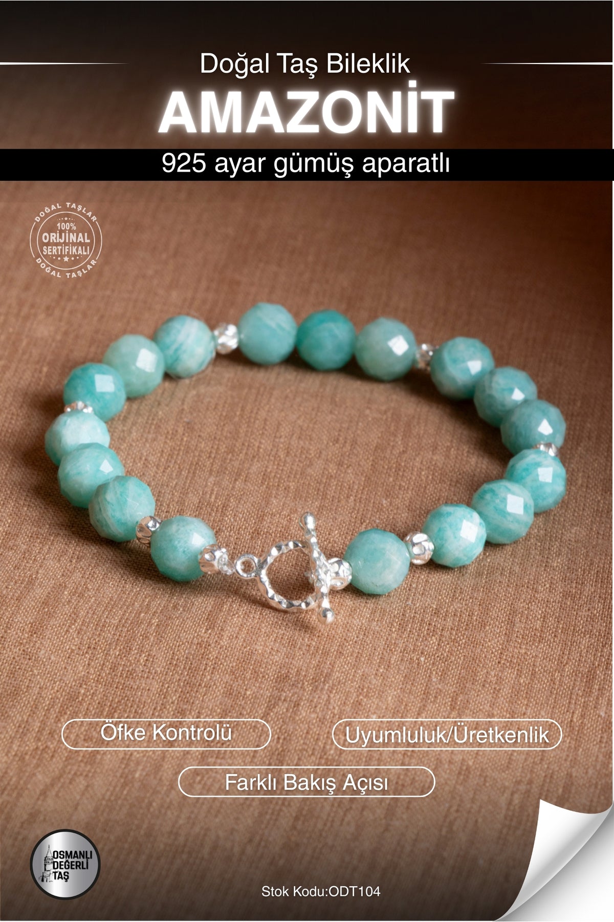Sertifikalı Amazonit Doğal Taş 925 Ayar Gümüş Aparatlı Bileklik ODT104