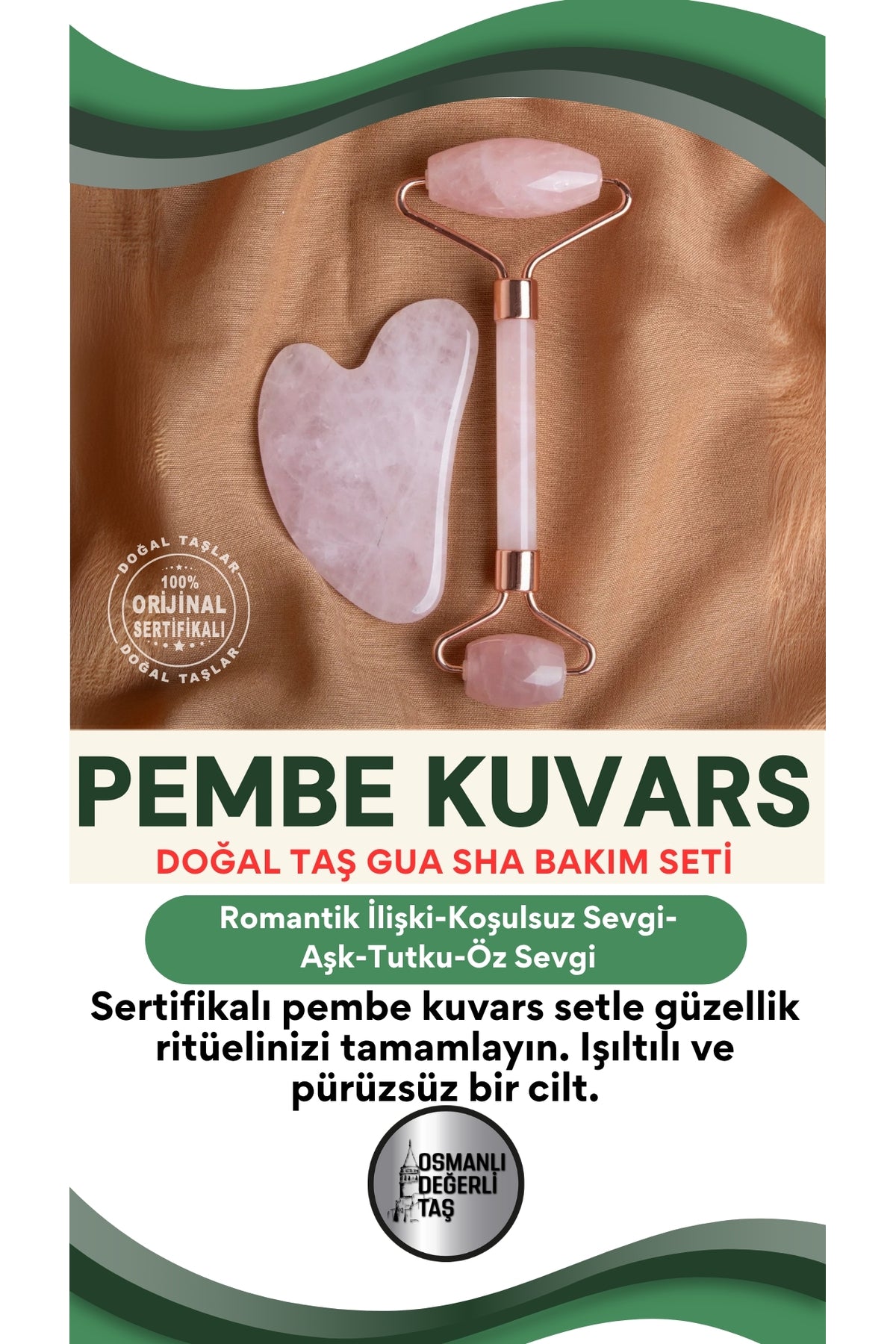 Sertifikalı Pembe Kuvars Roller Ve Kalpli Gua Sha Yüz Ve Vücut Masaj Aleti - Yüz Ve Vücut Bakım Seti