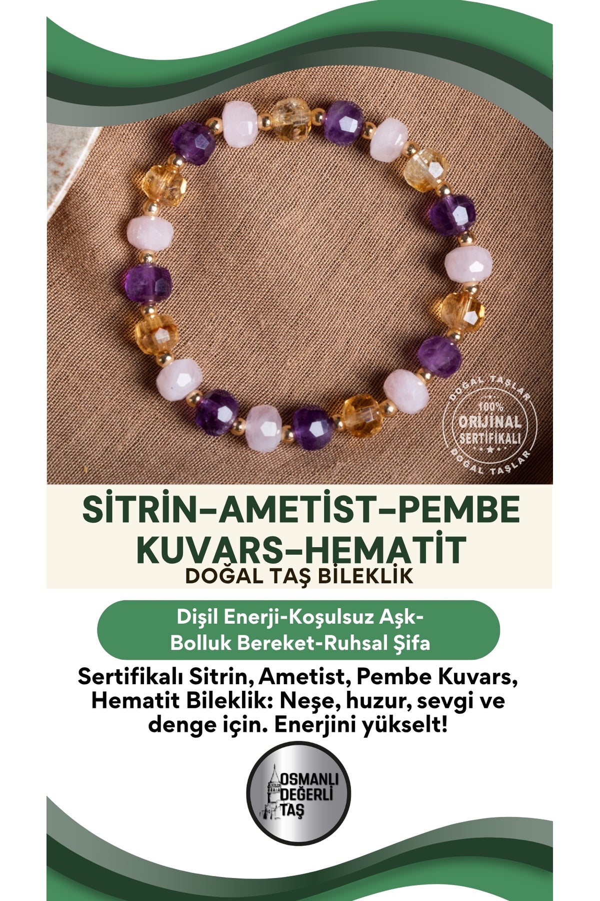 SERTİFİKALI Sitrin Ametist Pembe Kuvars Hematit Doğal Taş Bileklik