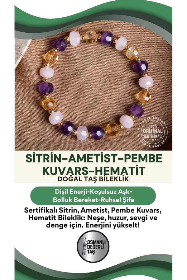 SERTİFİKALI Sitrin Ametist Pembe Kuvars Hematit Doğal Taş Bileklik