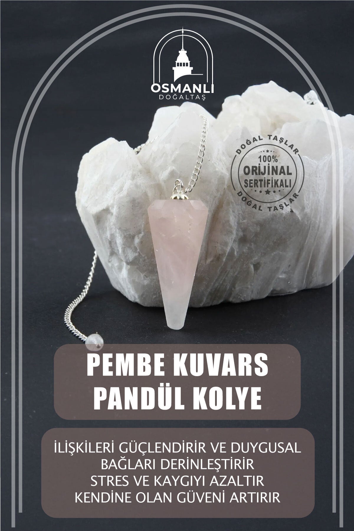 Sertifikalı Pembe Kuvars Doğal Taş Pandül - S011