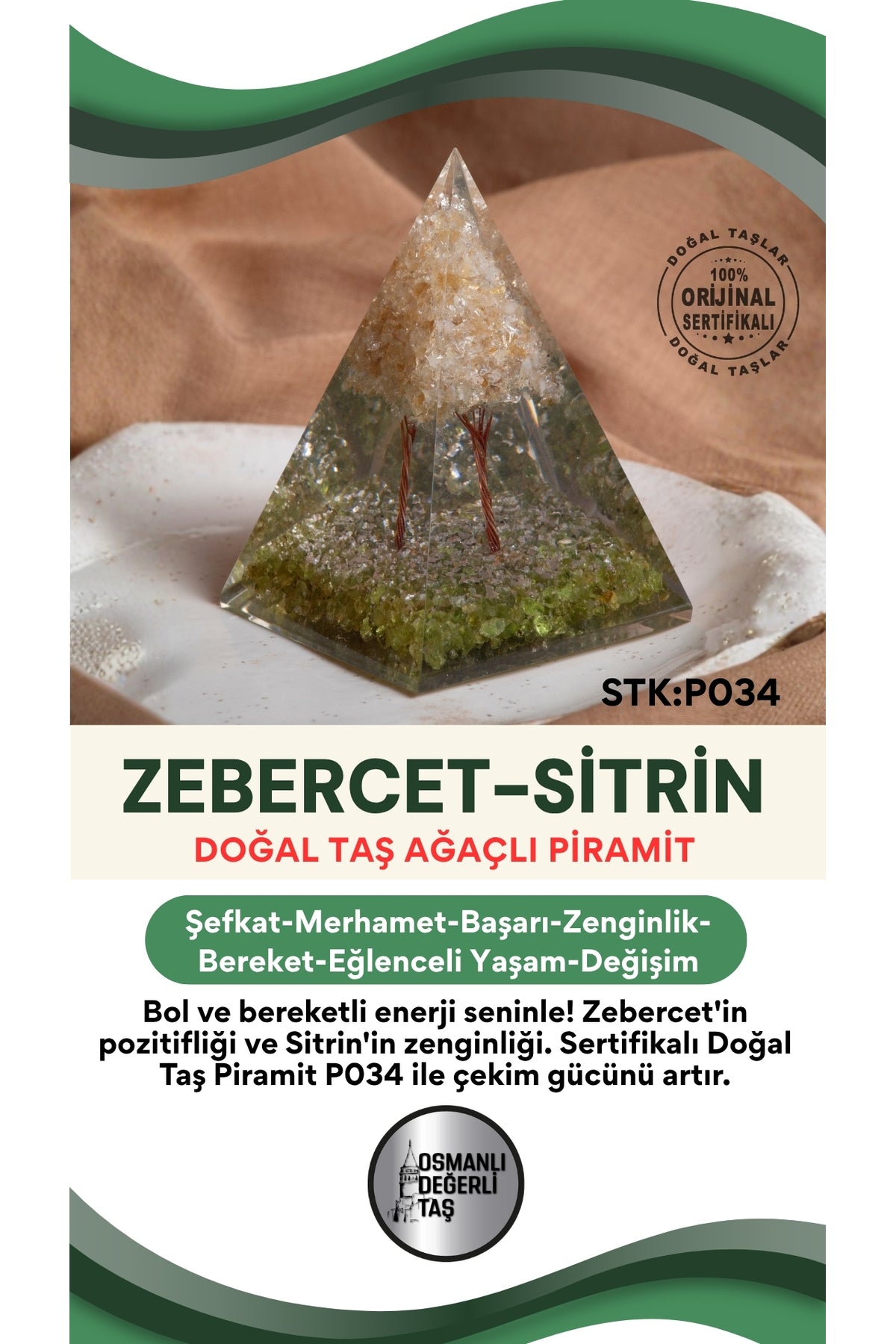 Sertifikalı Zebercet-Sitrin Doğal Taş Piramit P034