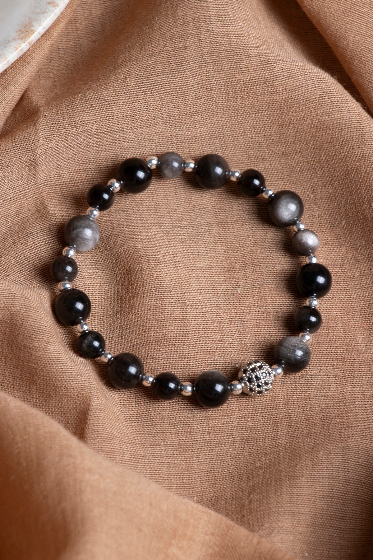 SERTİFİKALI Obsidyen-Hematit Doğal Taş Bileklik 6-8 mm